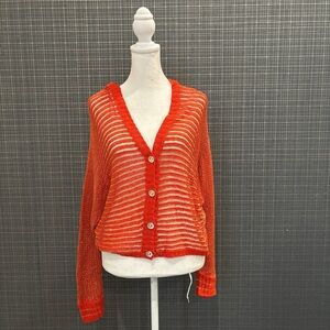 Paradis Miss Sheer Open-Knit Orange Button Cardigan